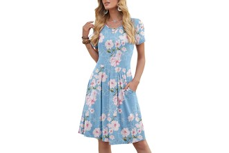 DouBCQ Women's Casual Flowy Pleated Loose Dresses with Pockets